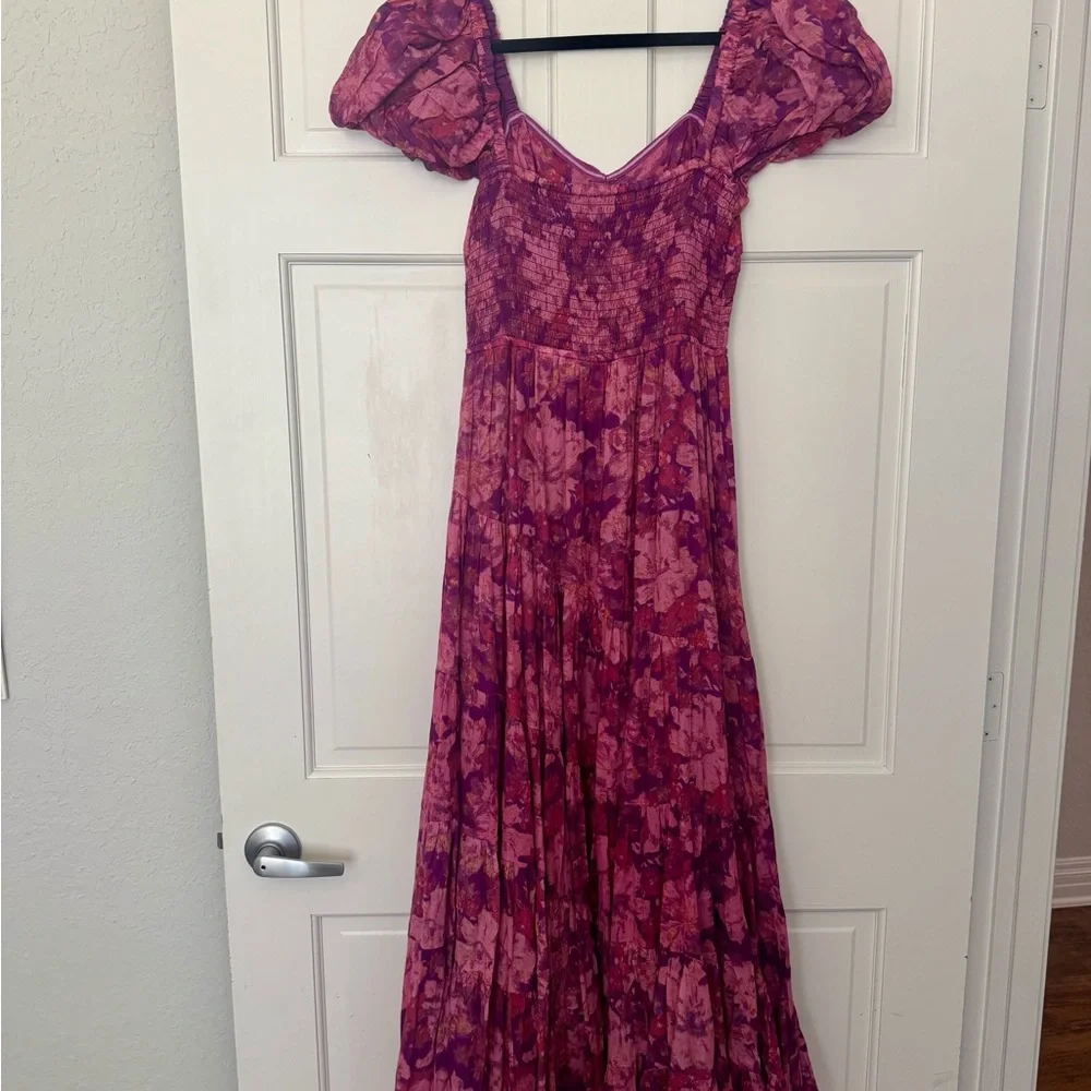 Free People Pink & Purple Floral Puff-Sleeve Tiered Maxi Dress - Picture 3 of 7